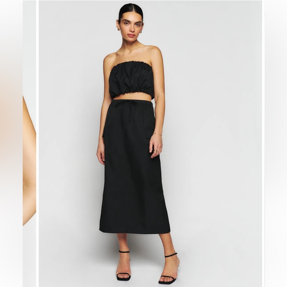 Reformation Black Strapless Crop Top and Midi Skirt Set